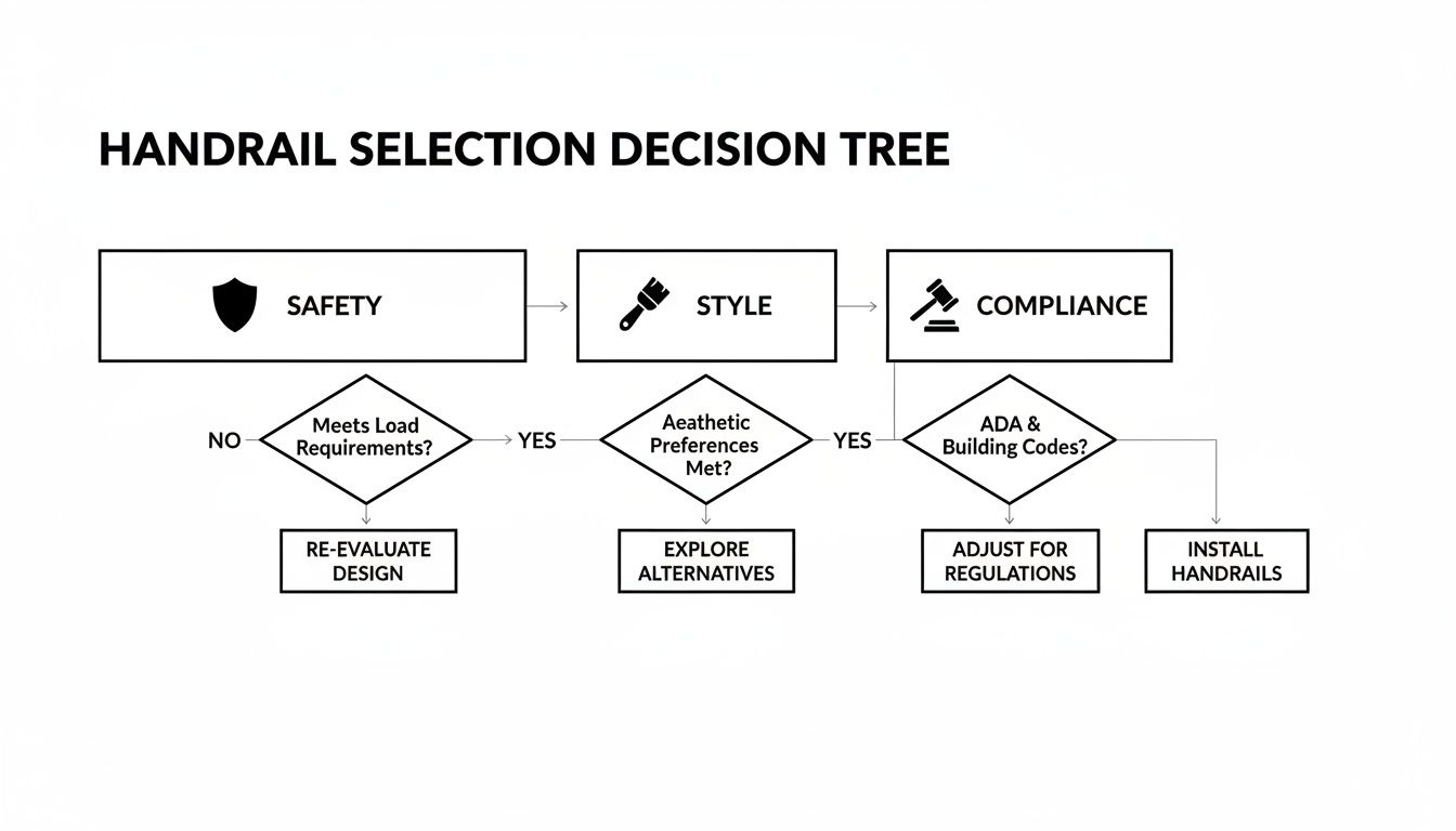 A handrail selection decision tree flowchart covering safety, style, and compliance requirements.