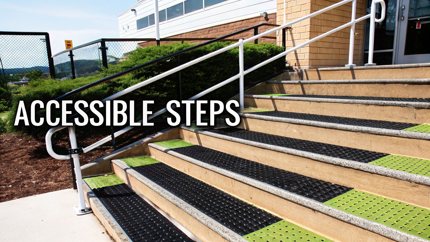 Concrete outdoor steps with handrails, featuring black non-slip treads and green accessible warning strips.