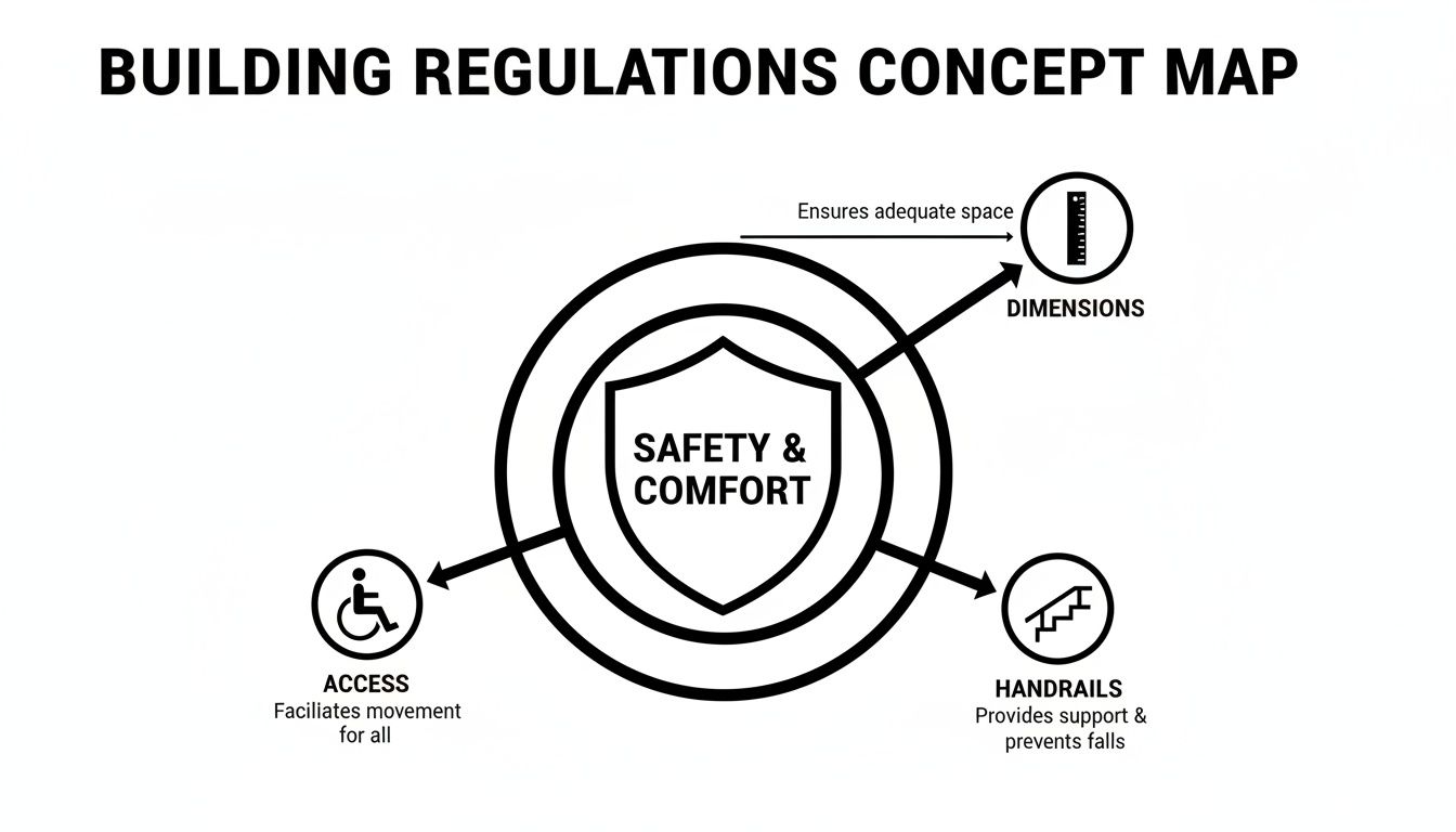 A concept map illustrates building regulations, prioritizing safety and comfort with branches for dimensions, access, and handrails.