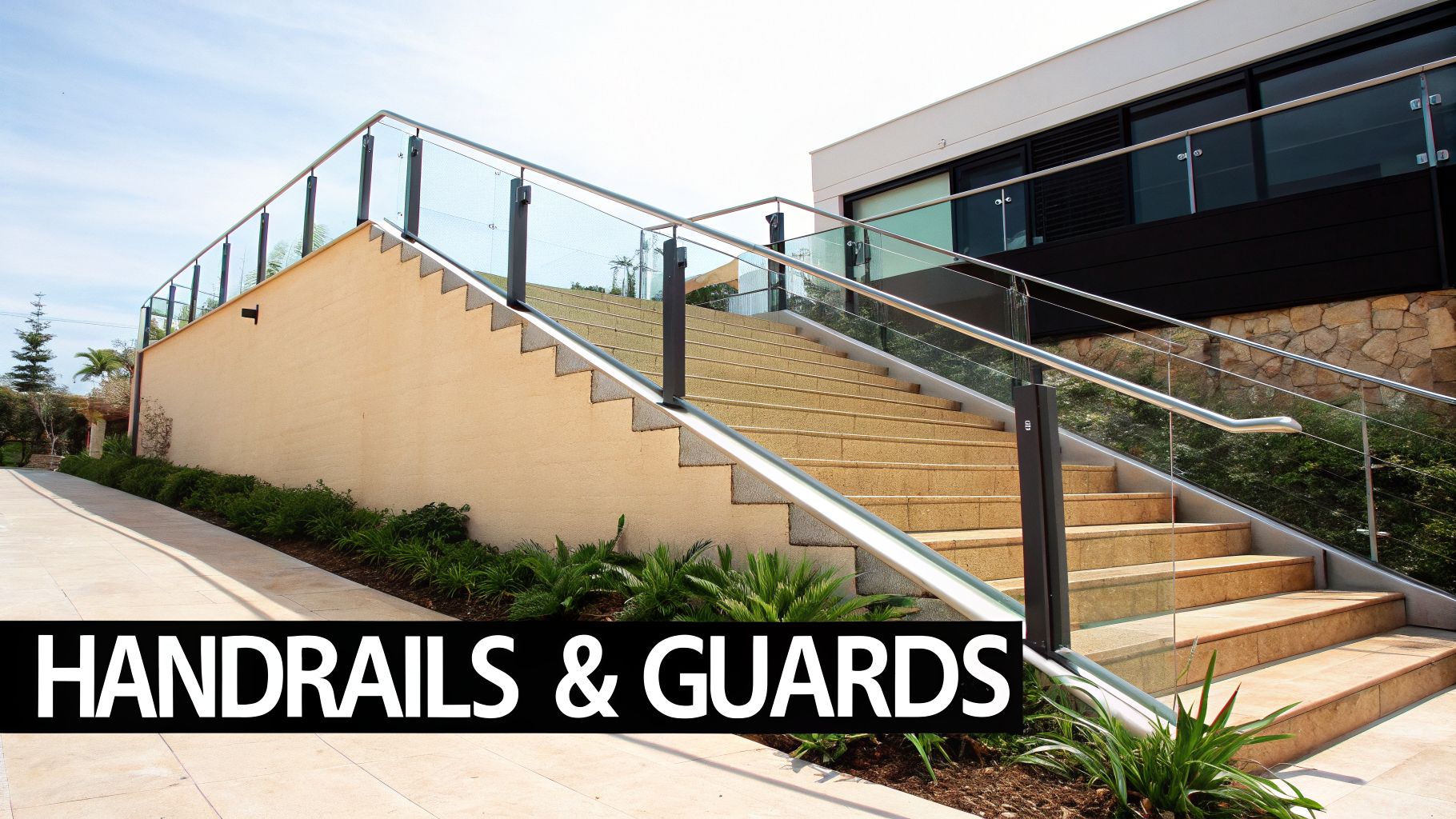 Modern outdoor staircase with glass and stainless steel handrails leading to a building exterior.