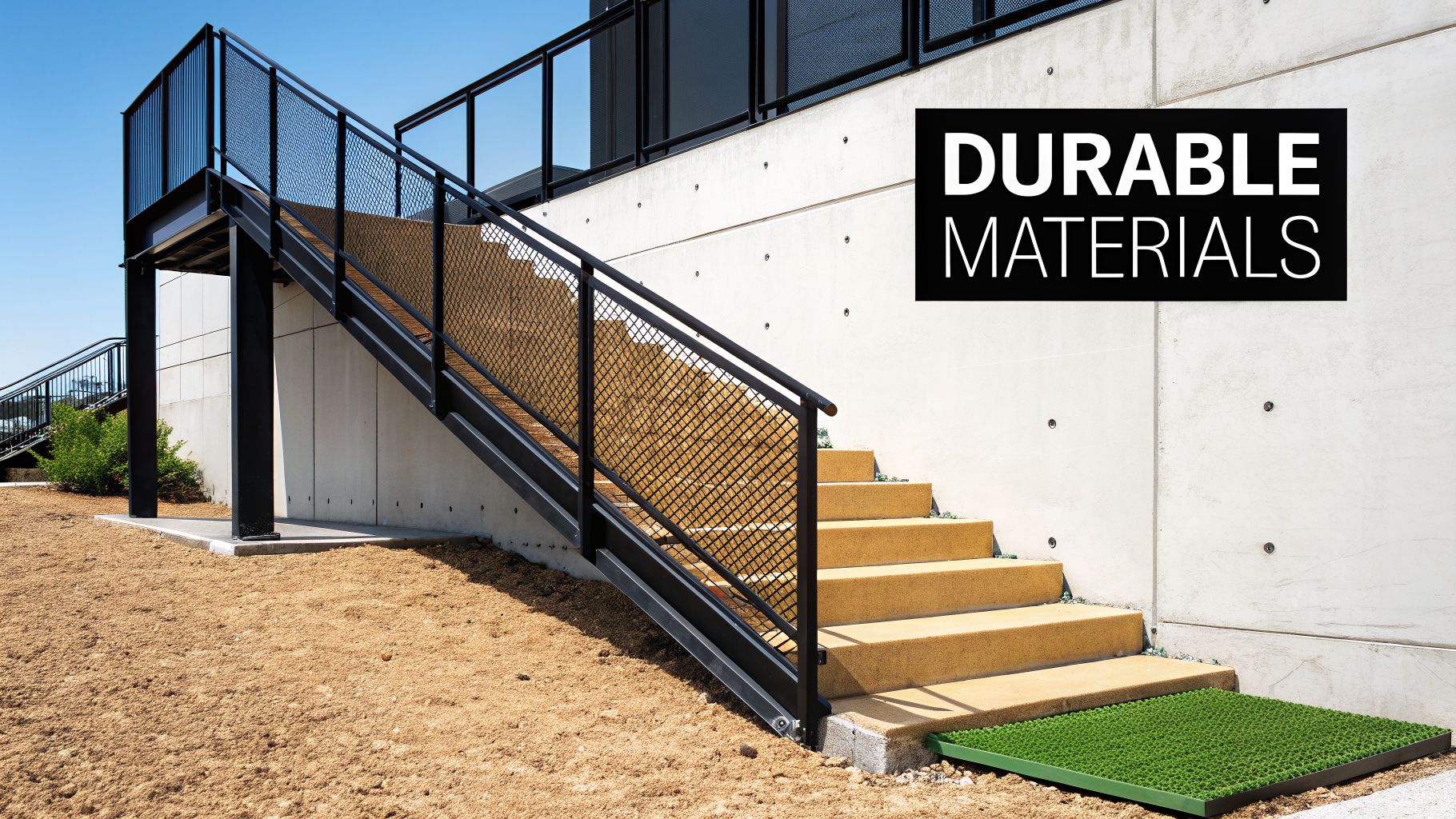 A modern black metal staircase with mesh railings ascending alongside a concrete building wall, highlighting durable materials.