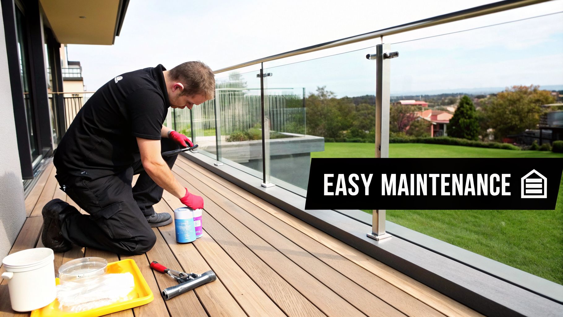 A person in red gloves is maintaining a wooden deck with a glass balustrade and a landscape view.