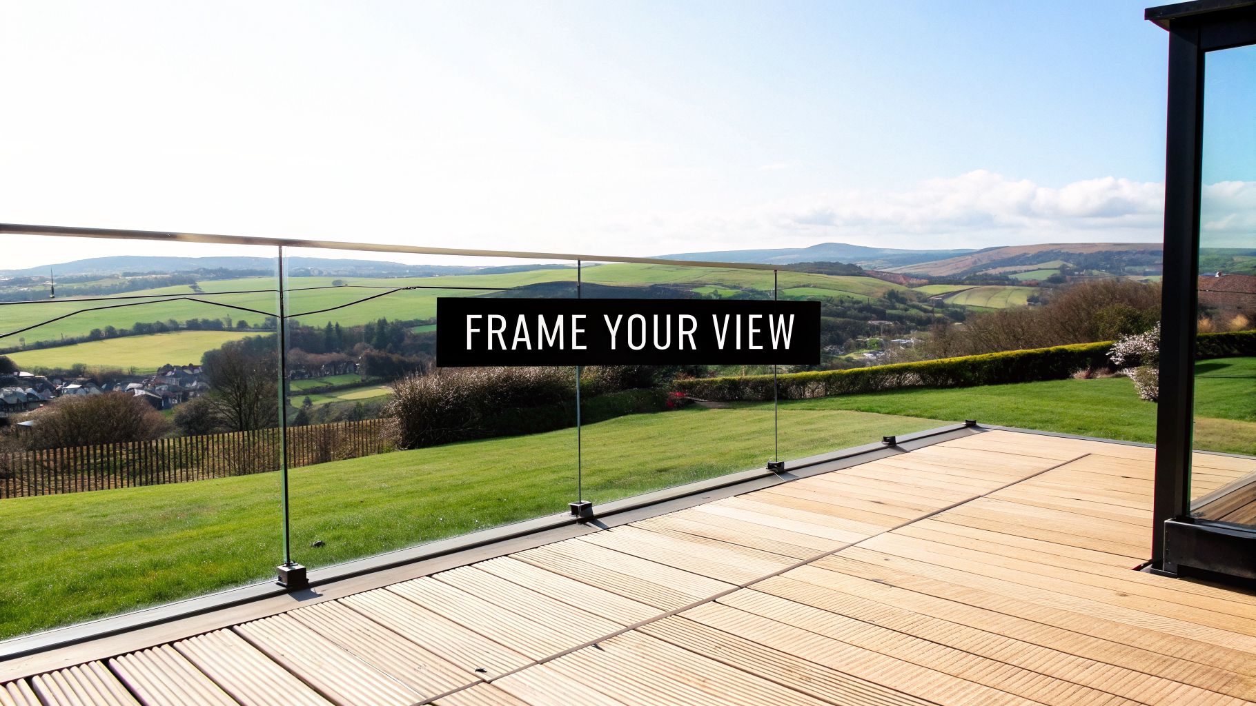 Glass balustrade on a wooden deck overlooks a picturesque landscape of green fields and hills.