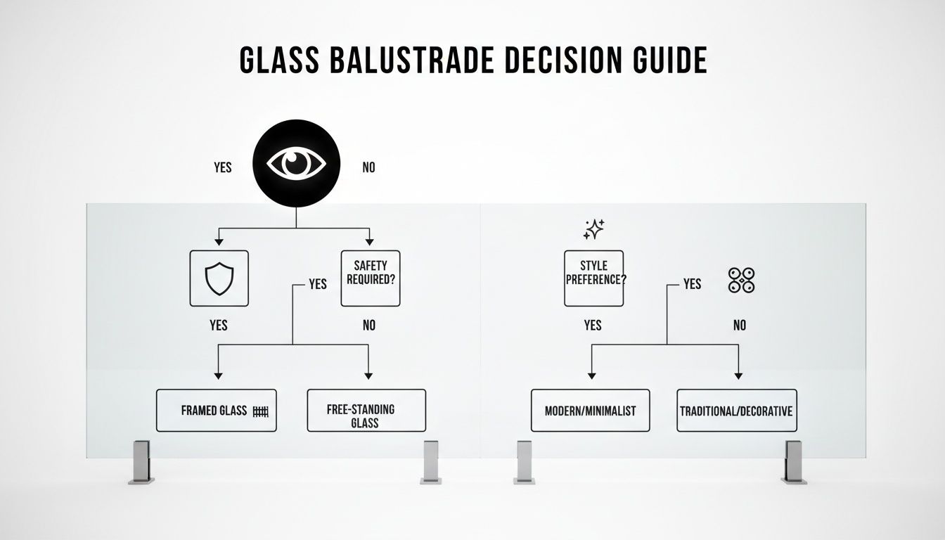 Glass balustrade decision guide flowchart for choosing between framed, free-standing, modern, or traditional styles.