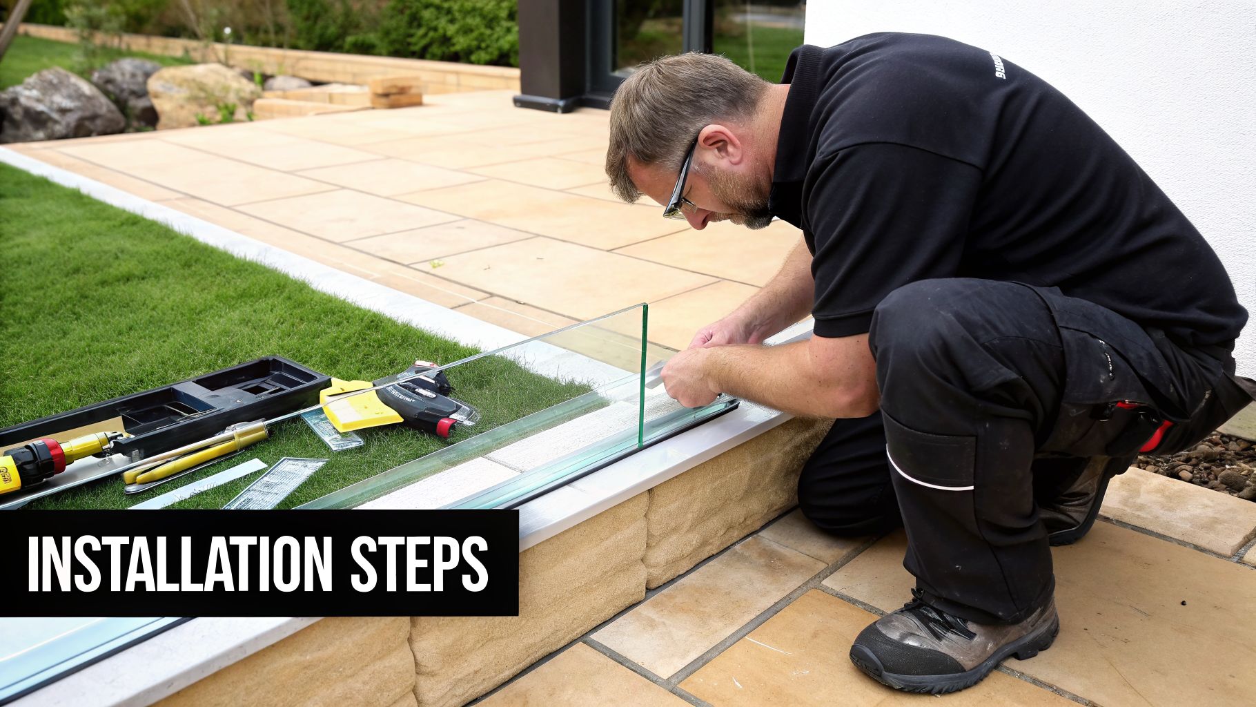A man in black work clothes is installing a glass balustrade panel on an outdoor patio.