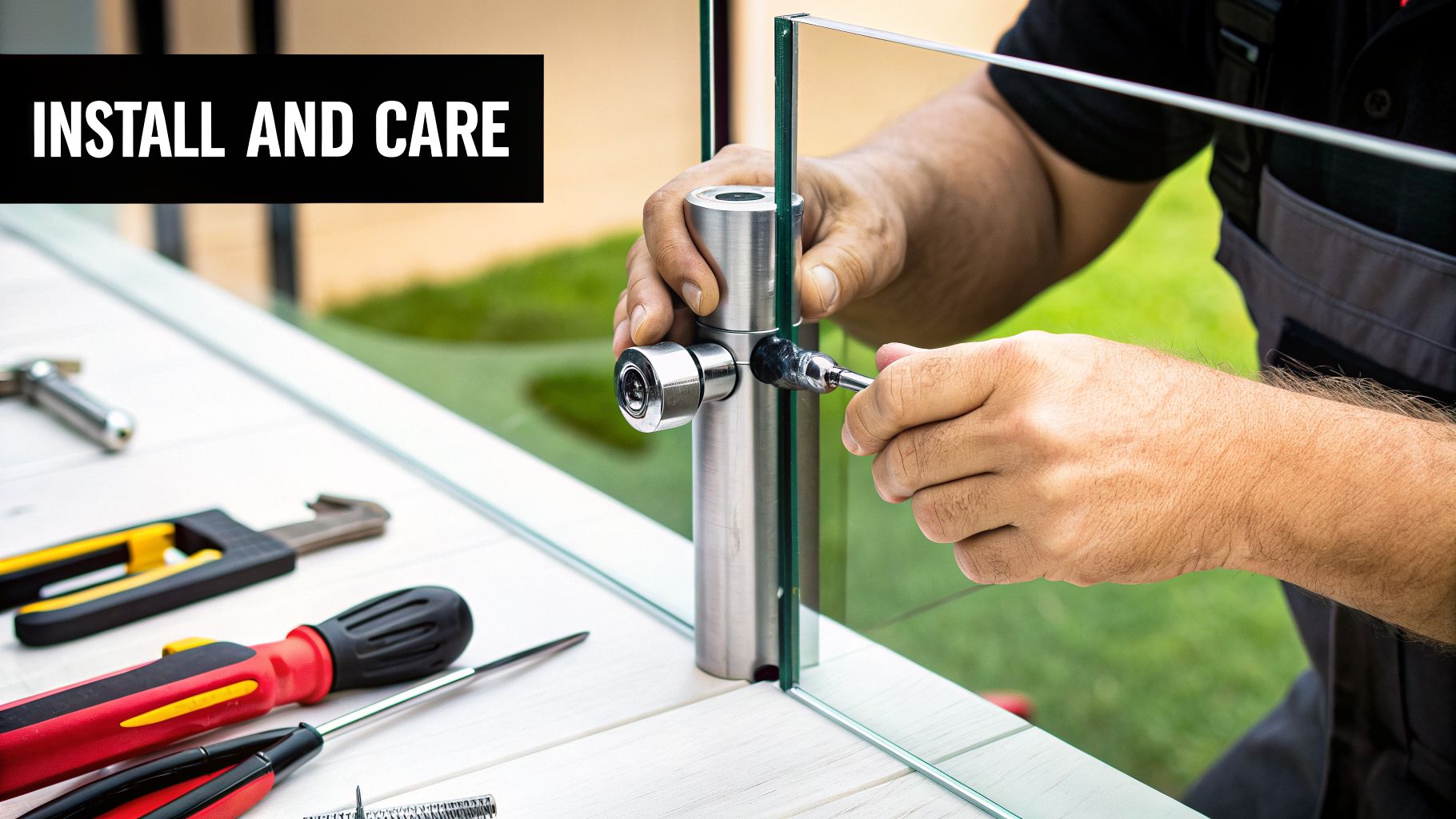 A person installs a glass panel into a metal post using a tool, with various tools on a table.