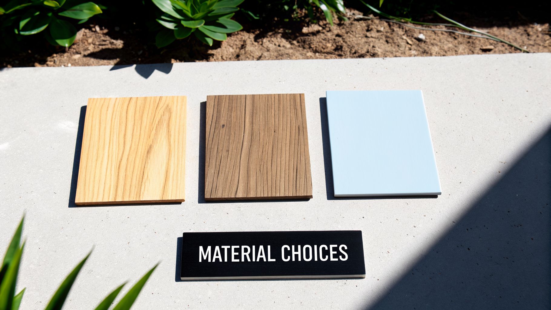 Three material samples, two wood and one light blue, with a 'MATERIAL CHOICES' sign on concrete.