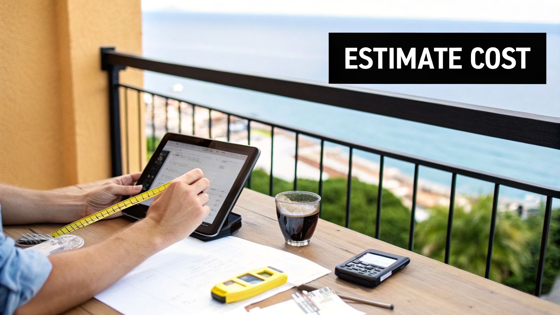 A man is working on a tablet with a measuring tape on a balcony overlooking the ocean.