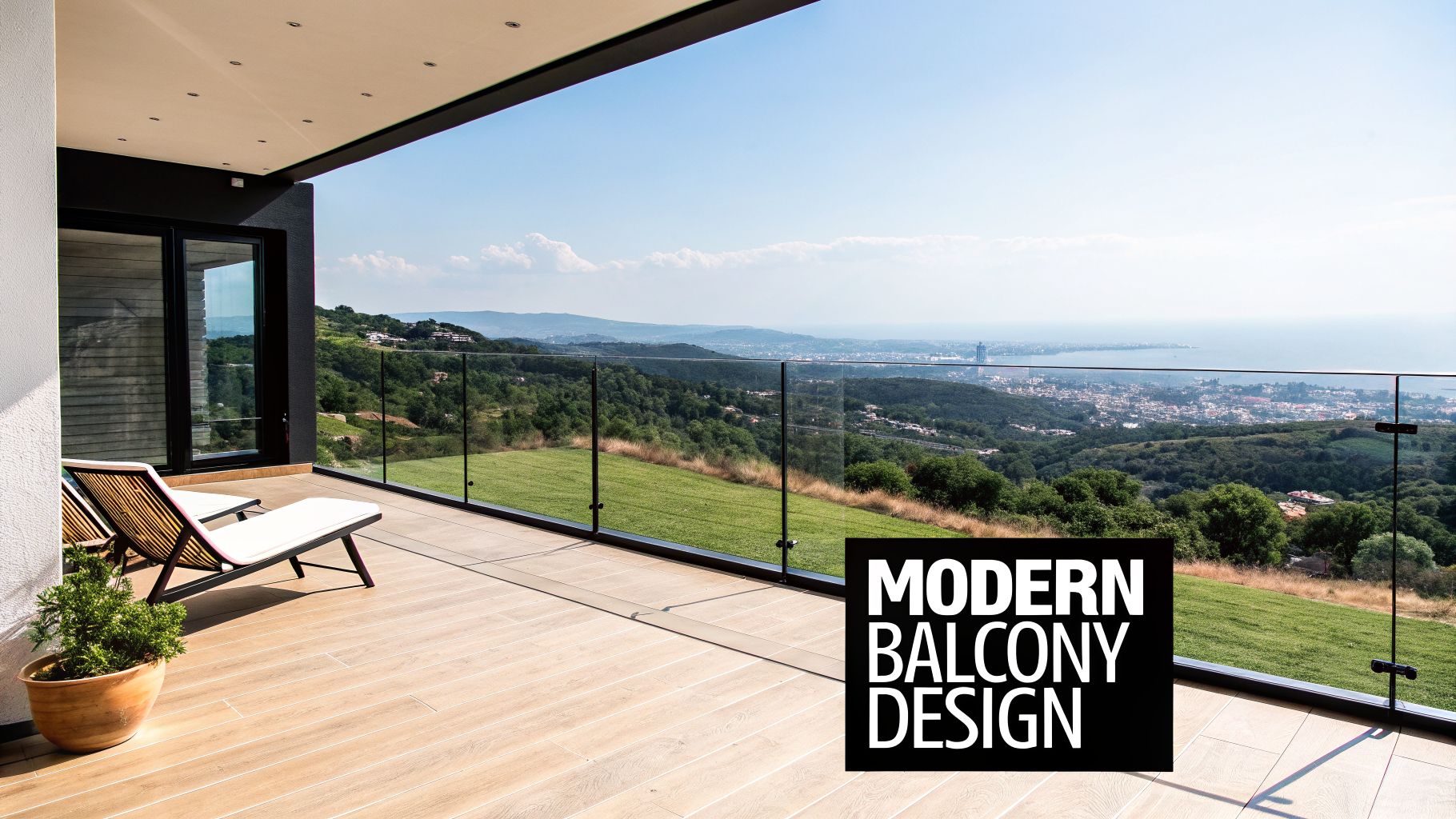 A modern balcony with a glass railing, lounge chairs, and a panoramic view of a city and the sea.