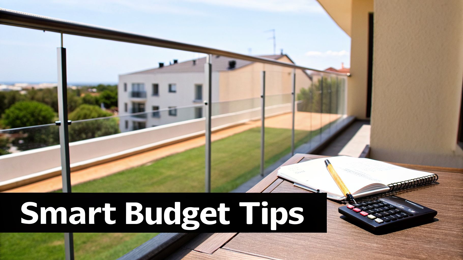Calculator, notebook, and pen on a balcony table, with a view of buildings and grass. Text: Smart Budget Tips.