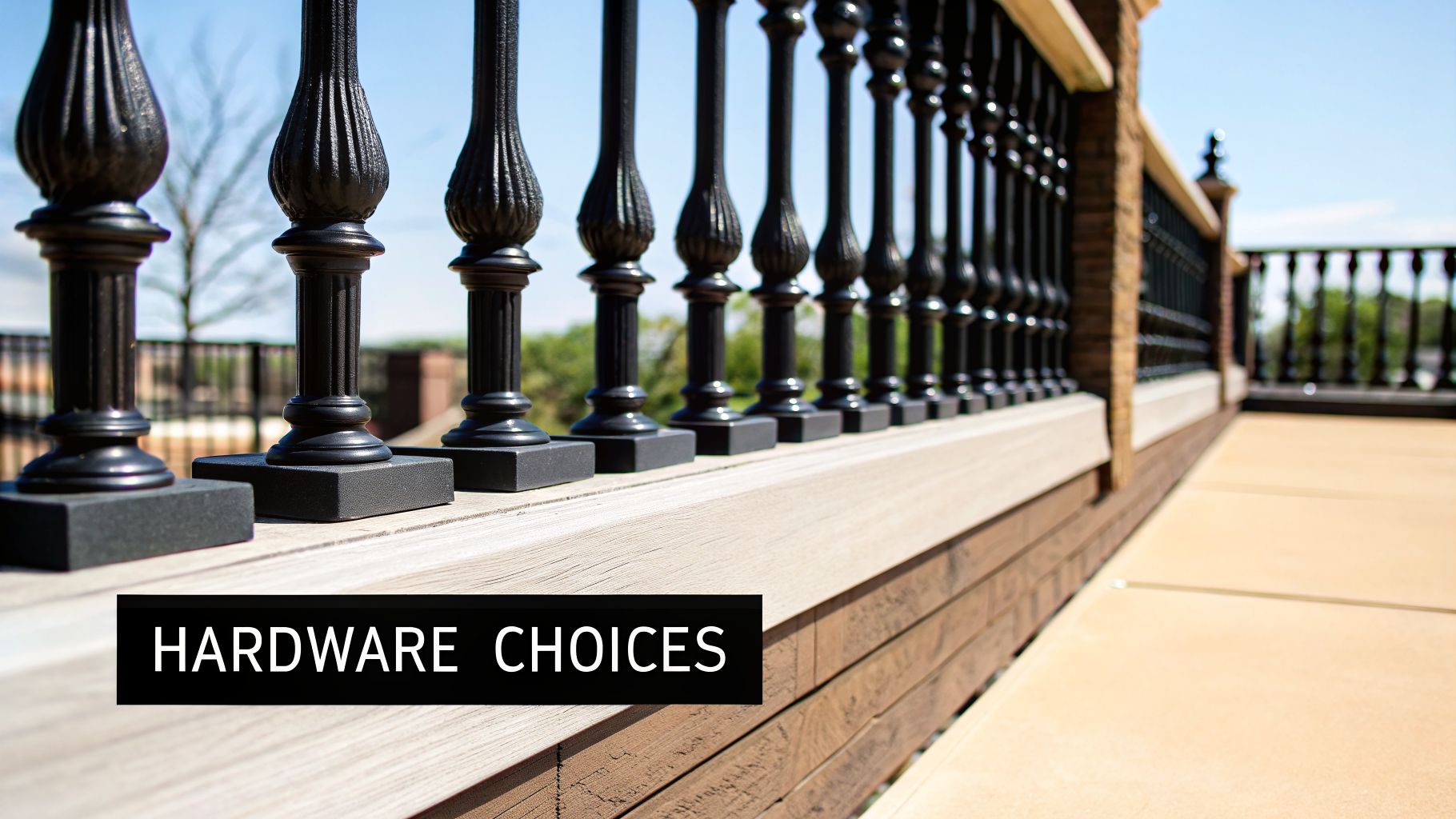 Decorative black balusters of a railing on a wooden deck, with a bright sky in the background.