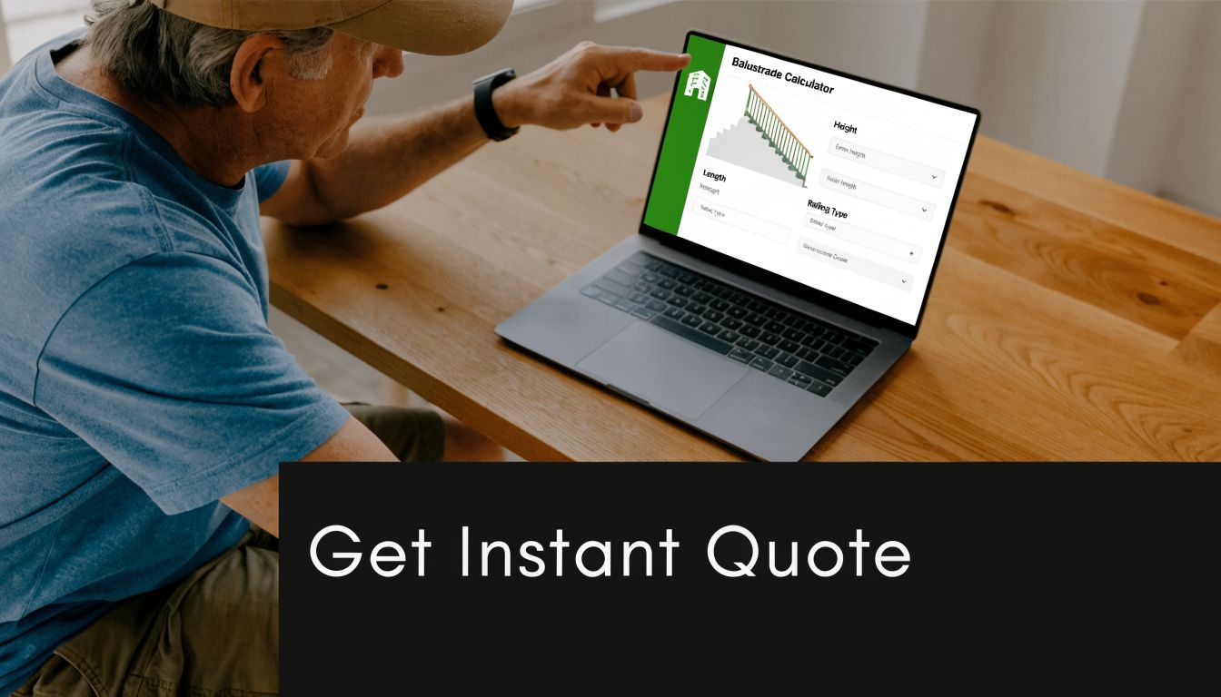 A man pointing at a laptop screen displaying a balustrade calculation tool for ordering home railing.