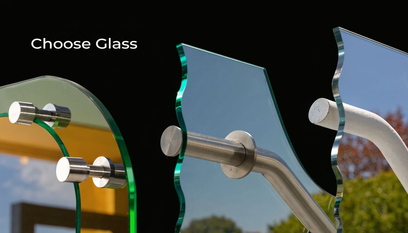 A close-up view of clear glass panels for balustrades mounted with modern stainless steel hardware fixtures.