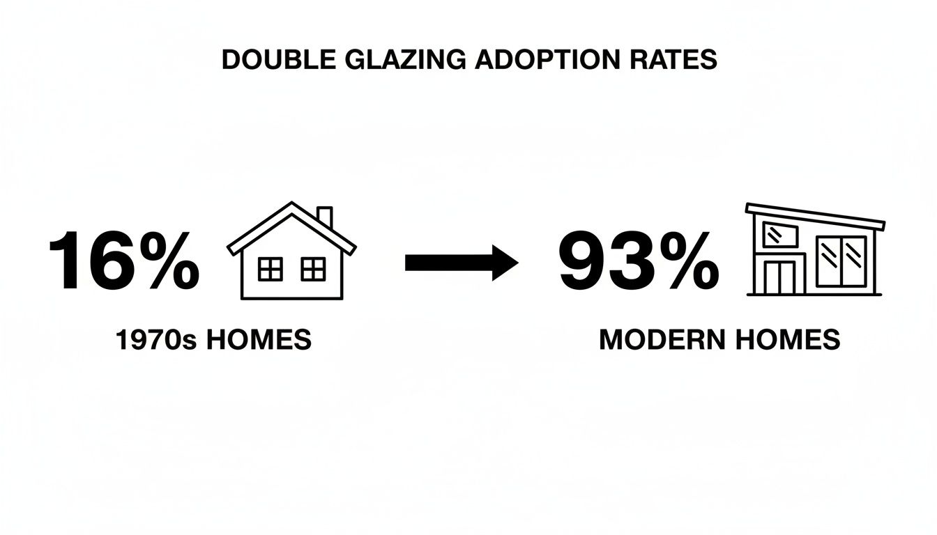 Infographic illustrating double glazing adoption rates: 16% for 1970s homes vs. 93% for modern homes.