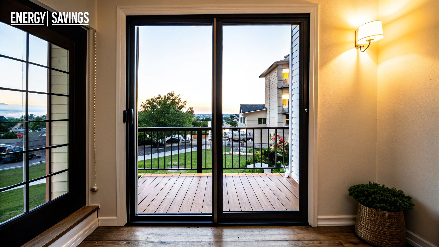Indoor view of a sliding glass door and window leading to a balcony with a neighborhood view, highlighting energy savings.