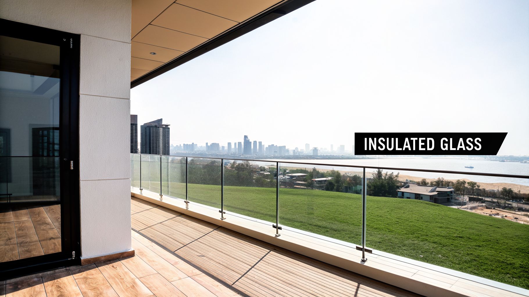 A modern balcony with wooden flooring and insulated glass railing, overlooking a panoramic city and water view.