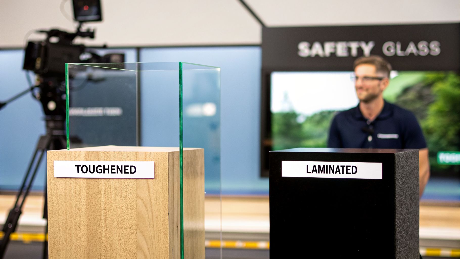 Two clear glass panels, one labeled toughened and the other laminated, displayed with a man in the background explaining safety glass.