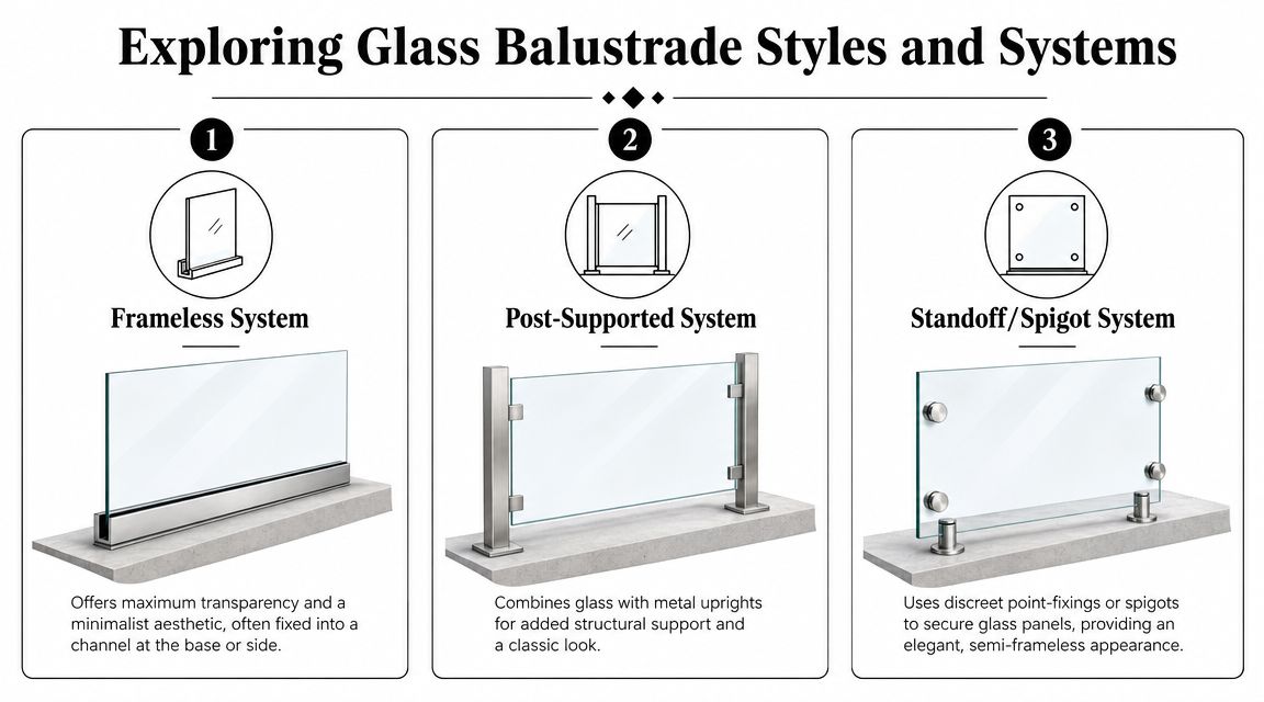A diagram comparing three different styles of glass balustrade systems: frameless, post-supported, and standoff or spigot.