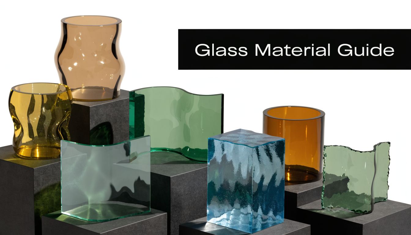 A collection of colorful decorative glass objects displayed on grey pedestals against a white background.