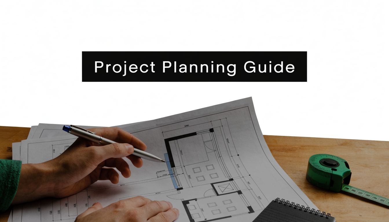 A professional analyzing construction blueprints with a pen and tape measure for a planning guide.