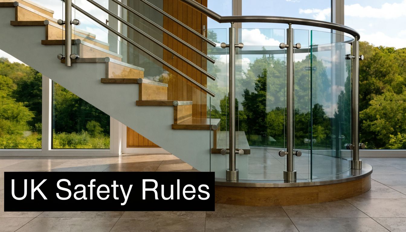 A modern interior staircase with a stylish glass balustrade overlooking a bright, scenic forest view.