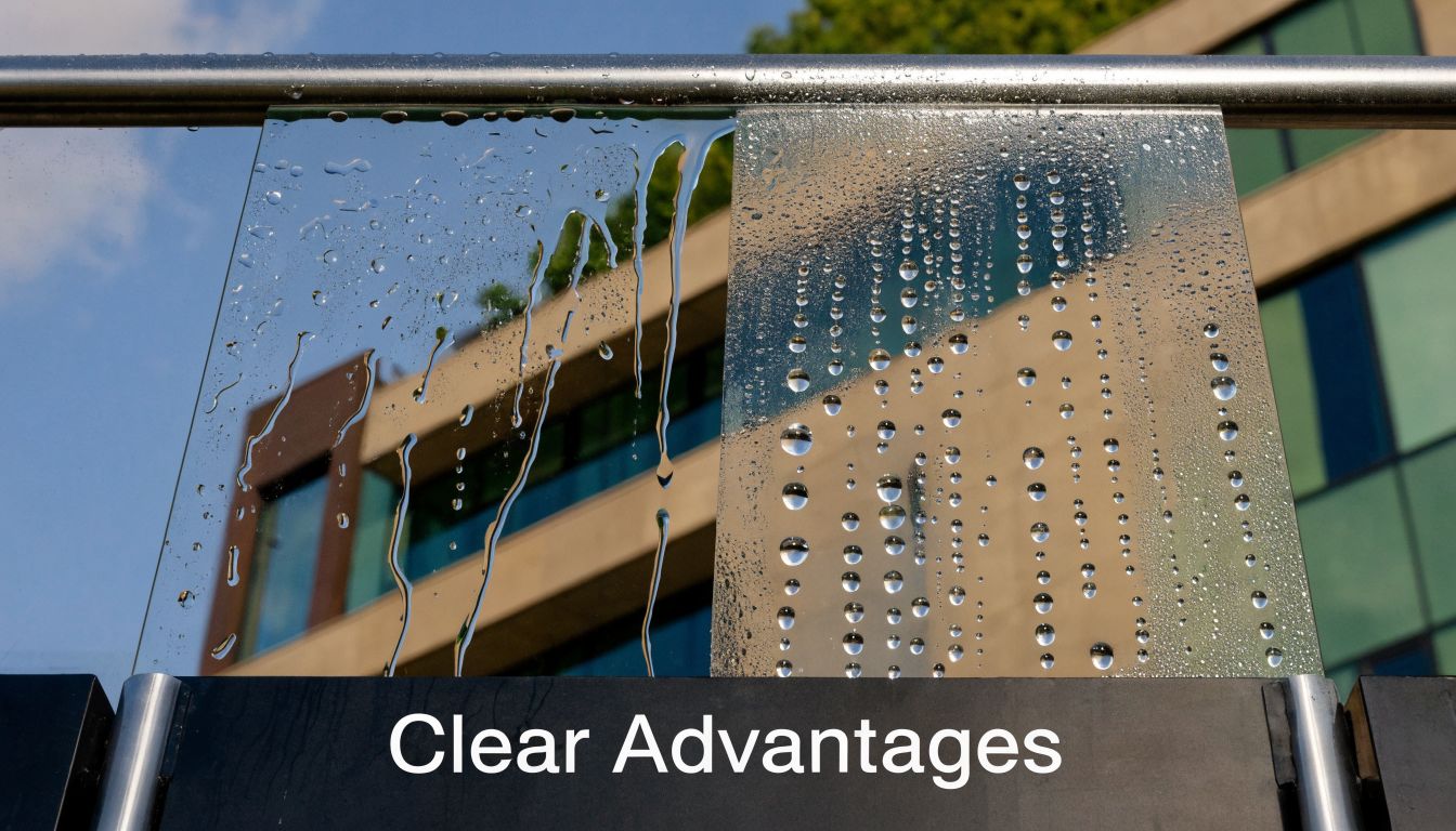 A glass panel showing how hydrophobic coatings repel water compared to untreated glass on a building.