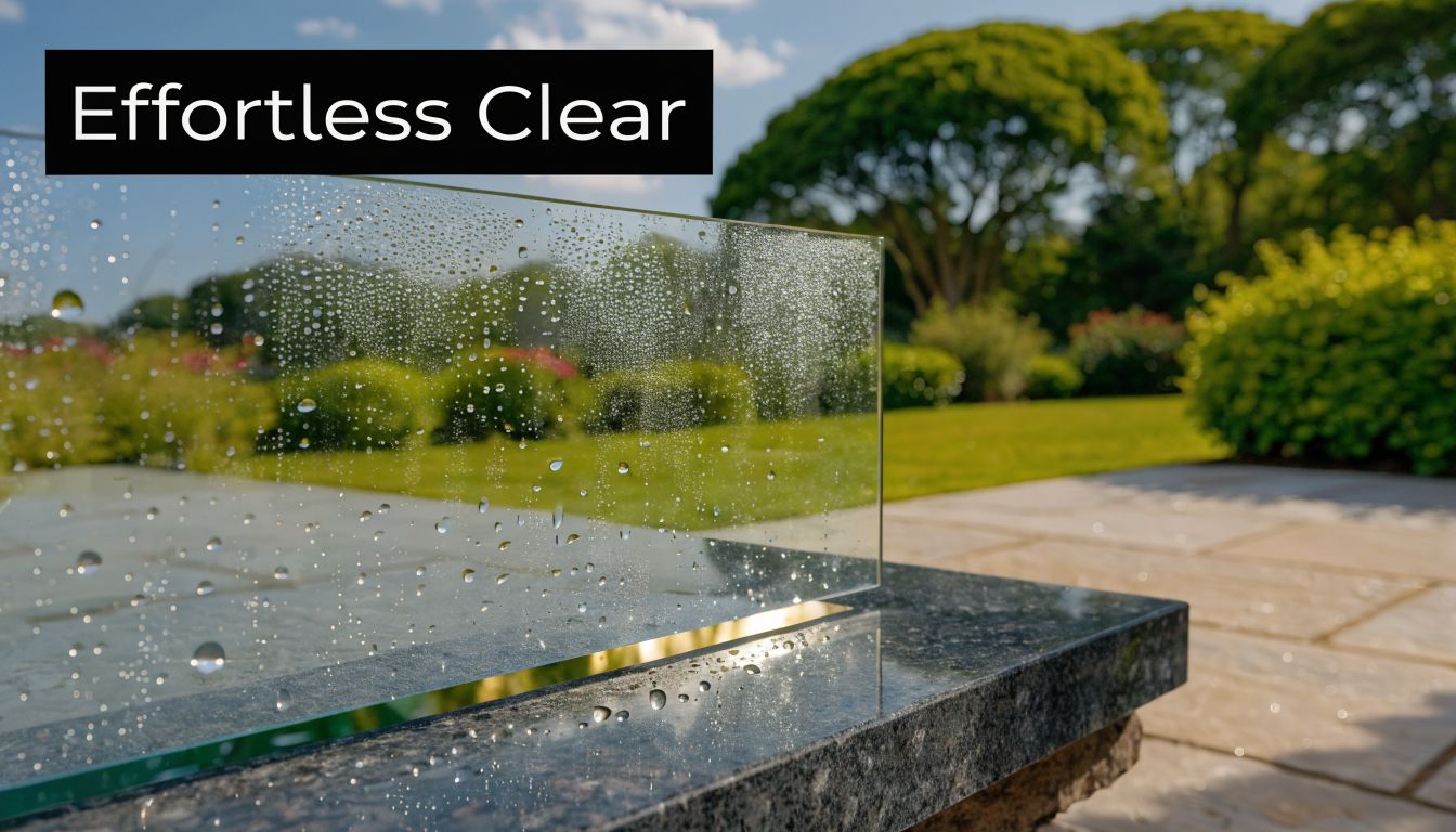 A glass panel with water droplets on a granite surface, showcasing hydrophobic materials and coatings technology.