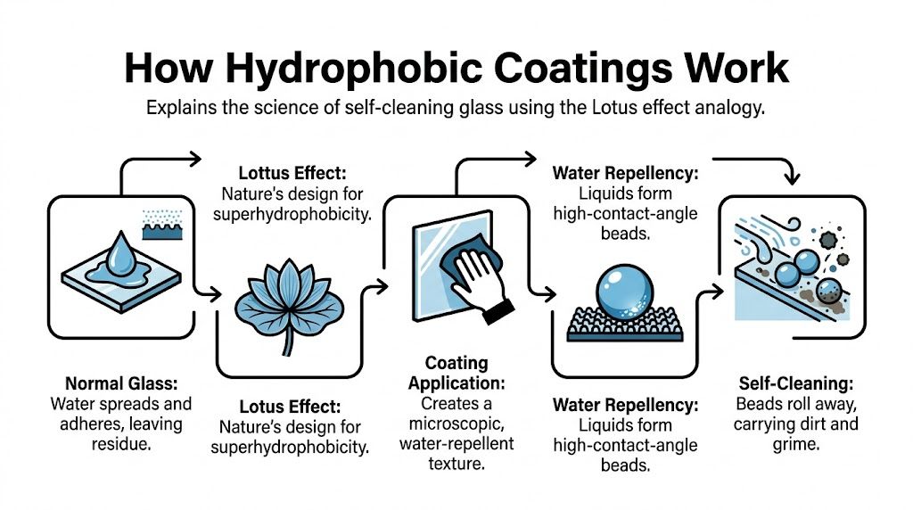 A diagram explaining how hydrophobic coatings on glass work by mimicking the natural self-cleaning lotus effect.