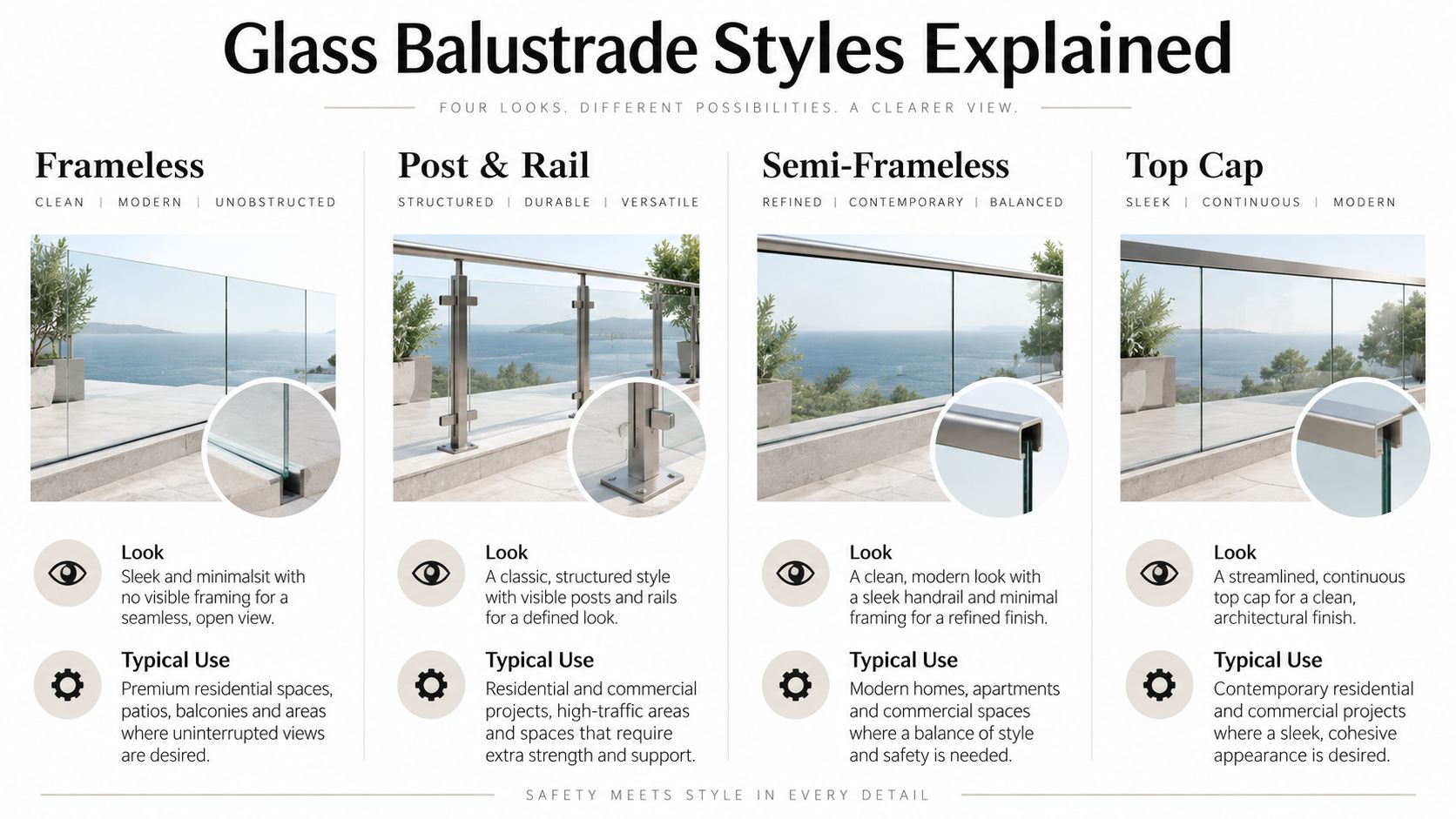 A comparison chart explaining four different styles of glass balustrades: frameless, post and rail, semi-frameless, and top cap.