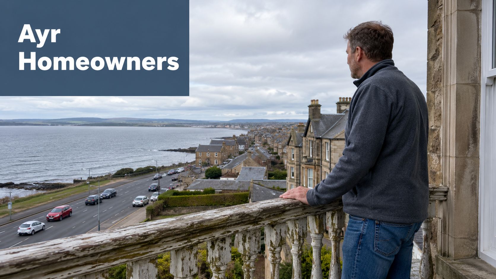 A man standing on a balcony overlooking the coastal town of Ayr and its seaside road.