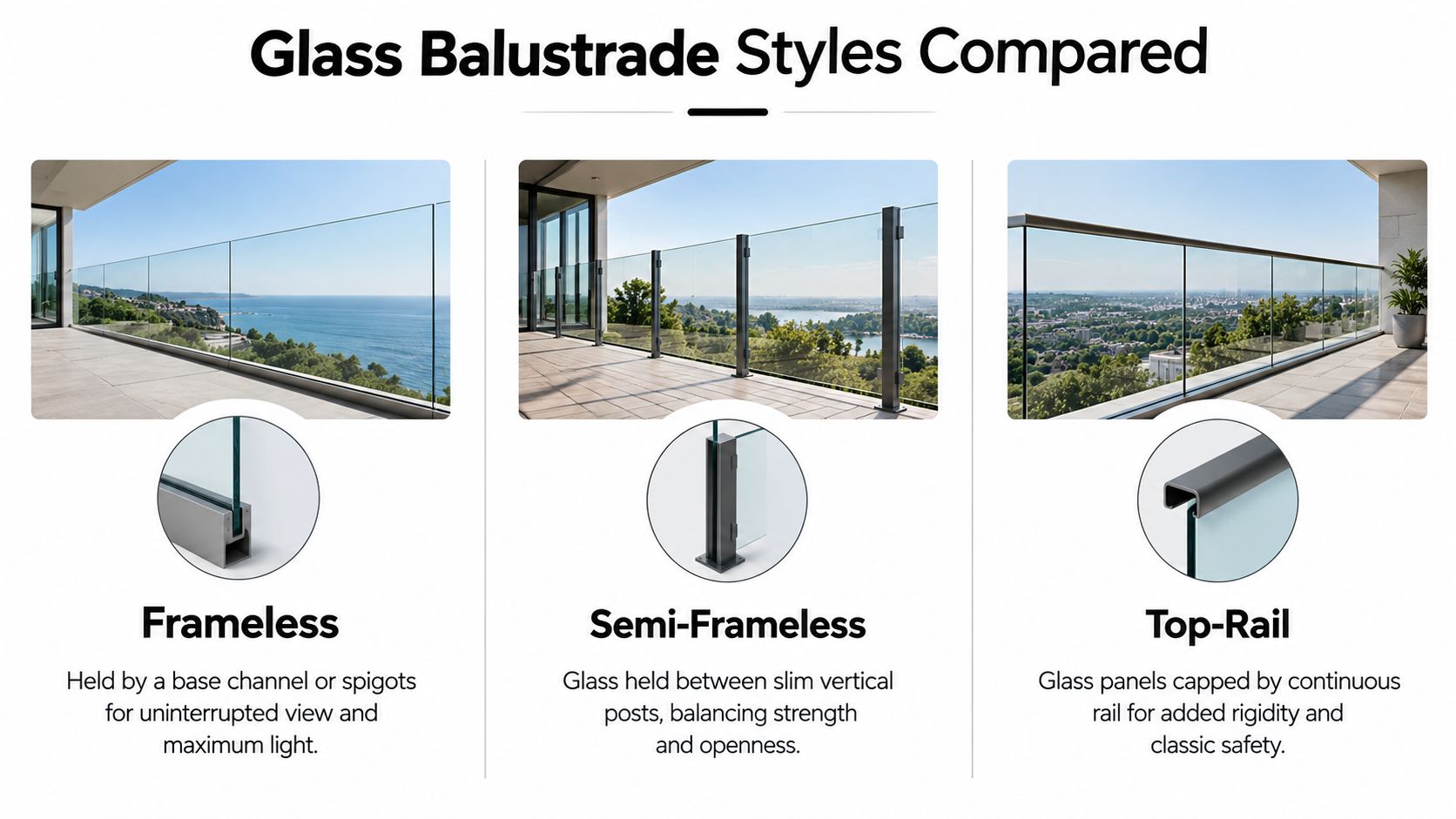 A comparison guide showing three styles of glass balustrades: frameless, semi-frameless, and top-rail designs for balconies.