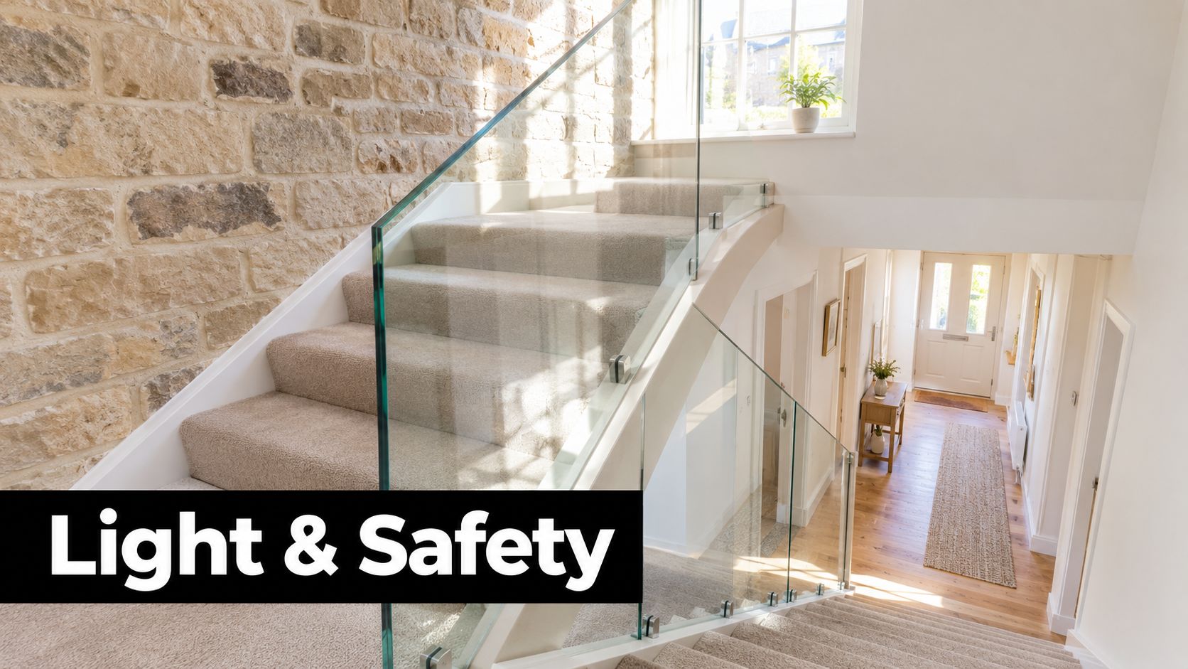 A modern staircase with a clear glass balustrade and carpeted steps in a brightly lit home entrance.