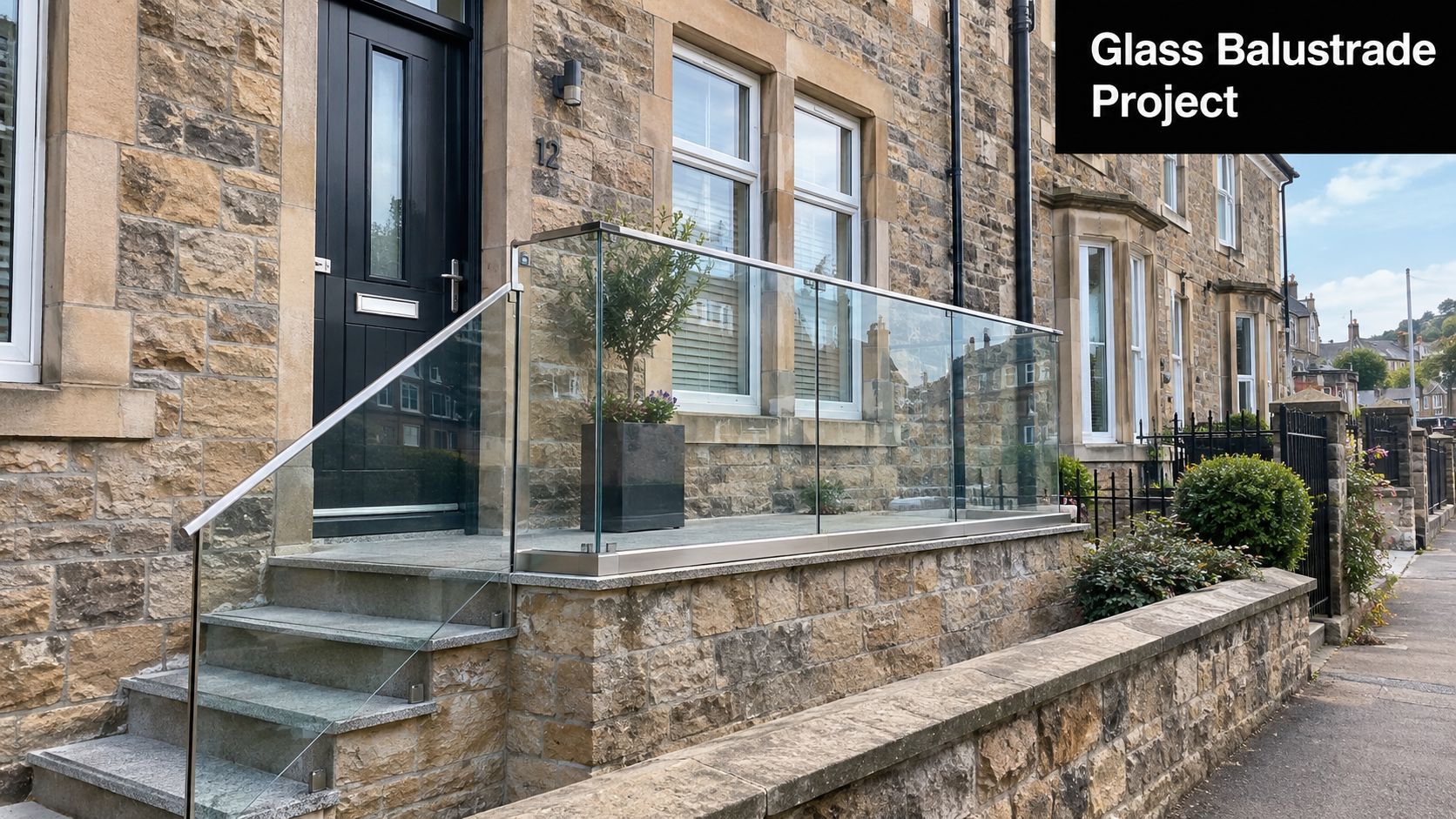 A modern glass balustrade installed on the exterior stone steps and patio of a house in Dunfermline.