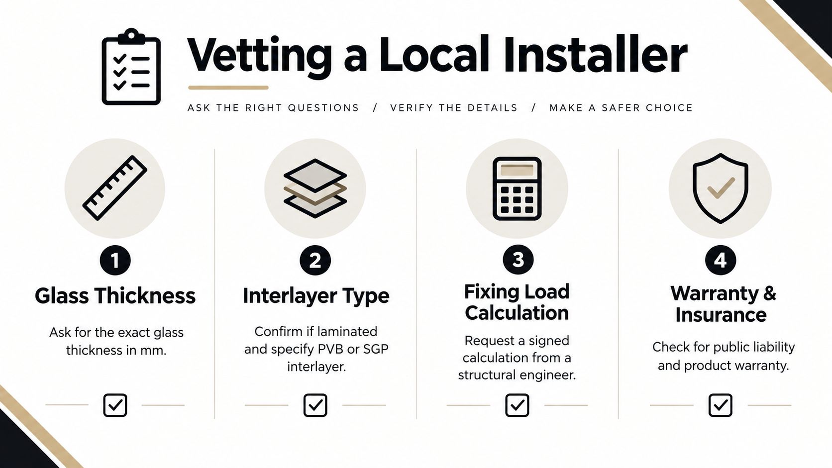 A checklist infographic titled Vetting a Local Installer, outlining four key steps for checking glass installation safety.