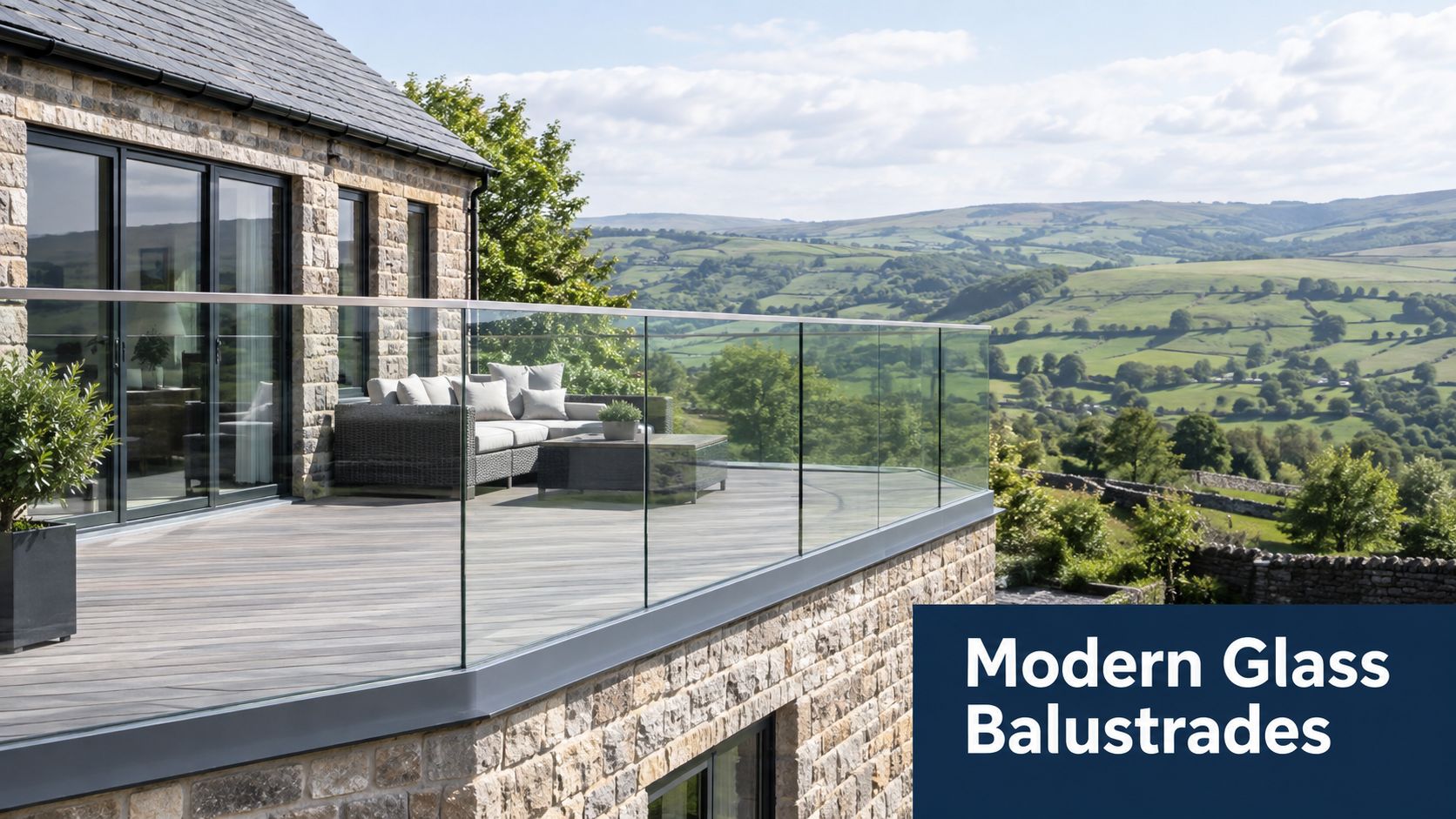 A modern glass balustrade installed on a raised stone deck overlooking a scenic rolling countryside landscape.