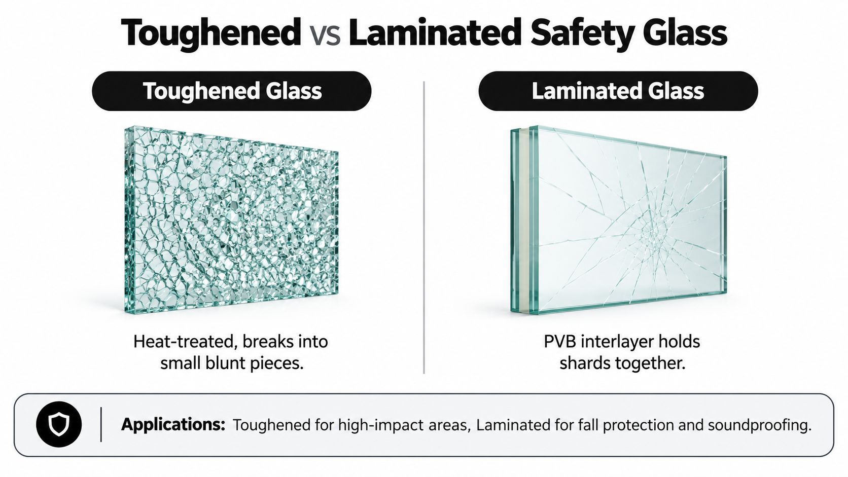 A comparison chart showing toughened glass breaking into blunt pieces versus laminated glass held by an interlayer.