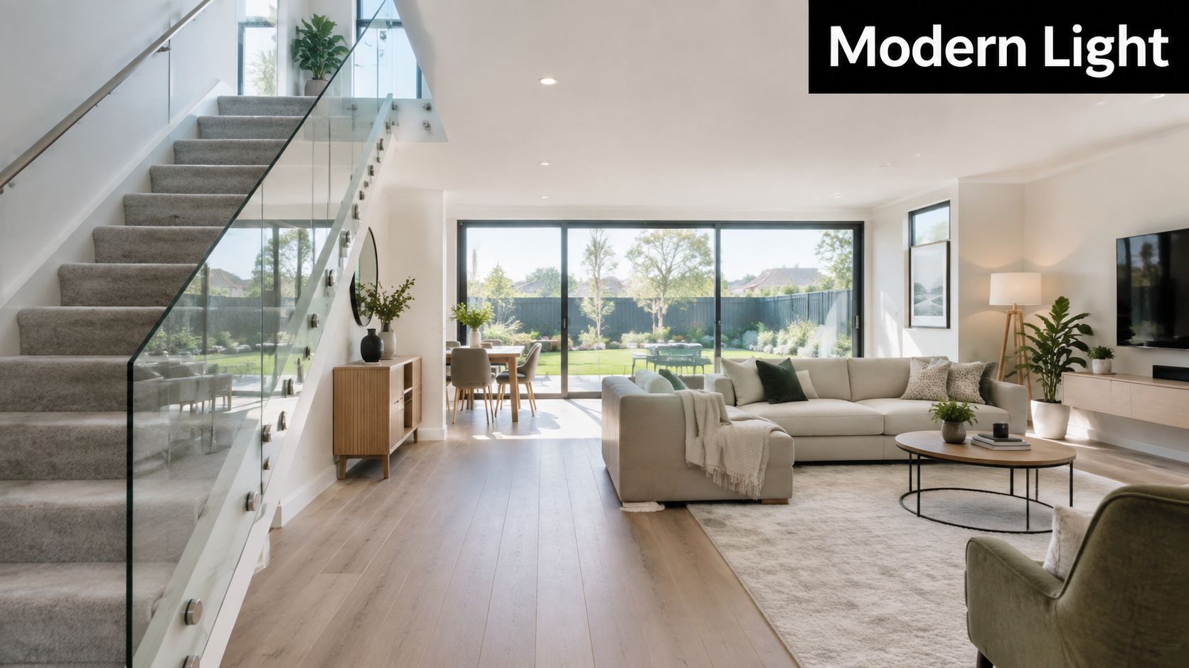 A modern open plan living area with glass balustrades, light wooden flooring, and a large garden view.