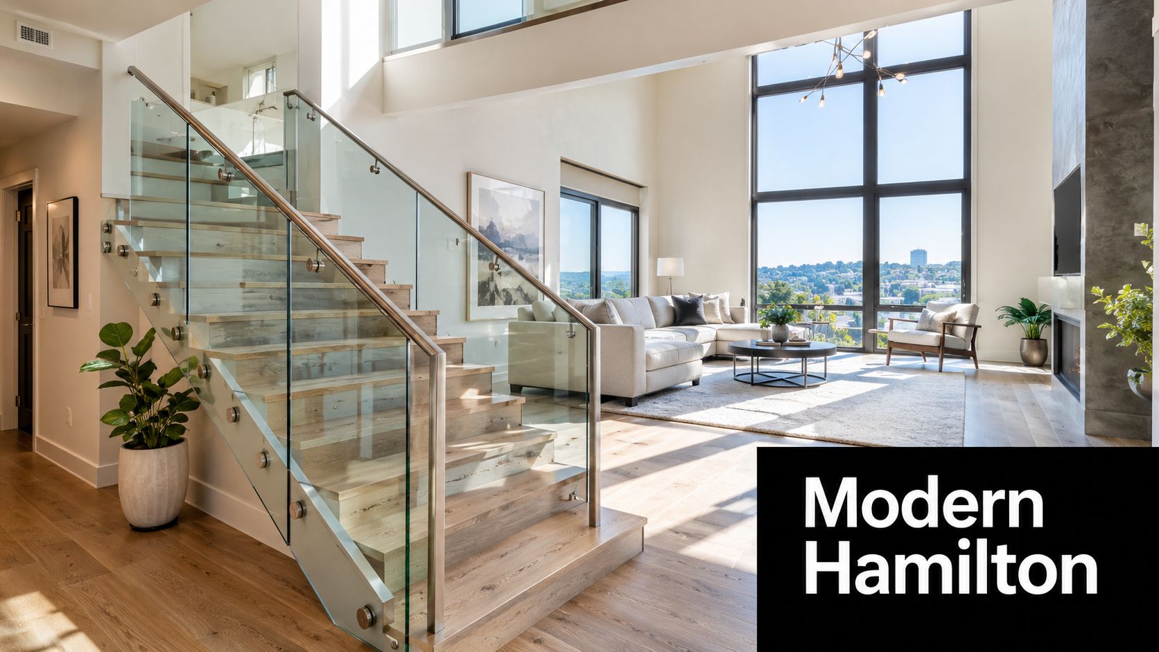 A modern living room featuring a glass balustrade staircase, light wood floors, and floor-to-ceiling windows with views.
