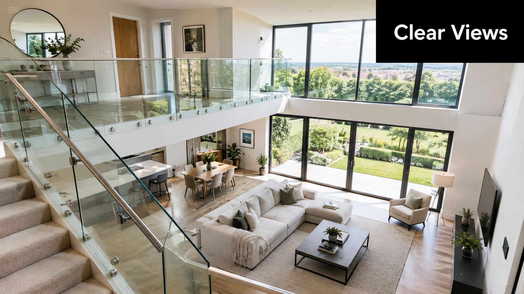 A modern open-plan living room with high ceilings, glass balustrades, and large floor-to-ceiling windows overlooking greenery.