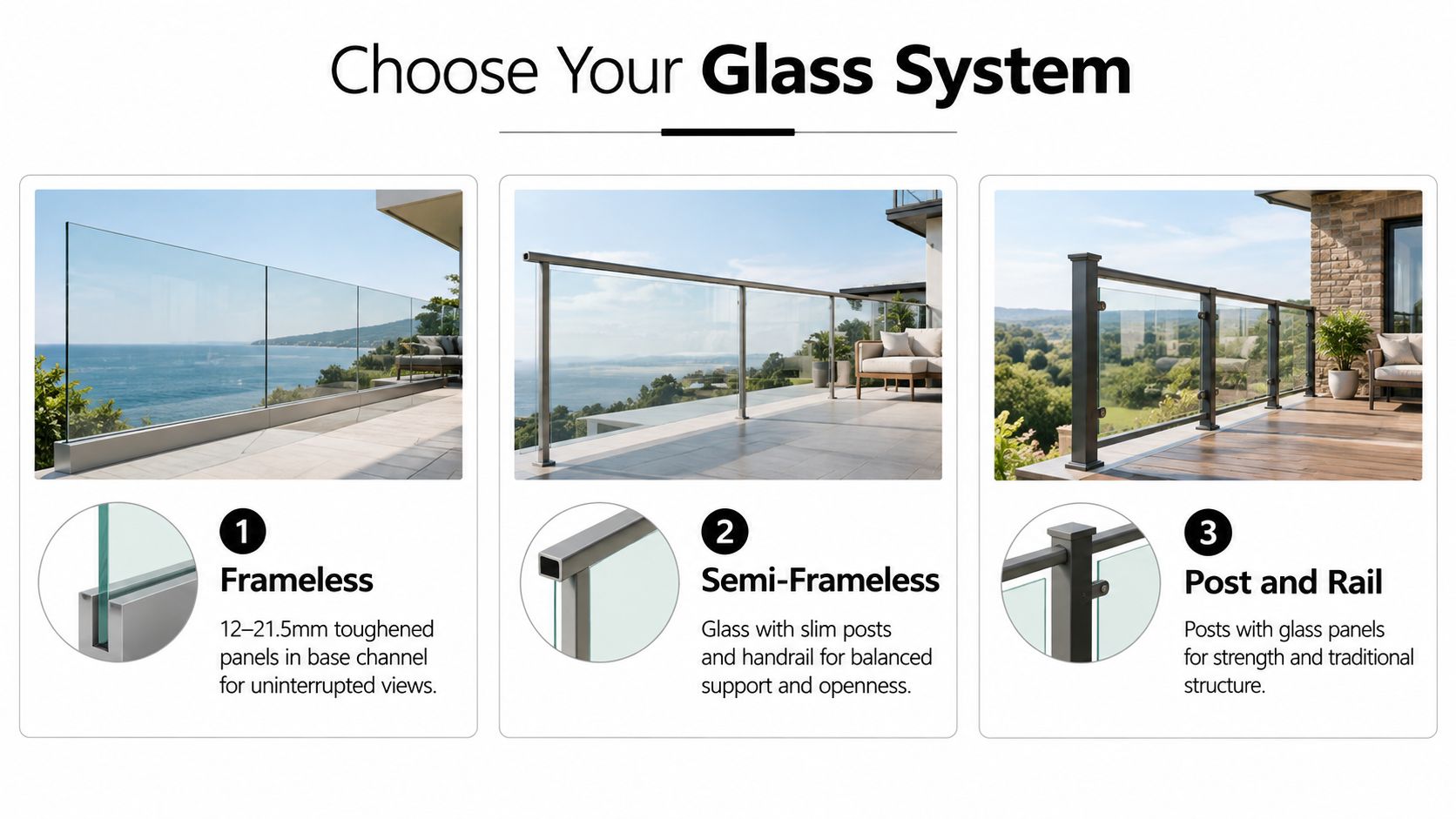 Three different styles of glass balustrade systems for balconies including frameless, semi-frameless, and post and rail designs.