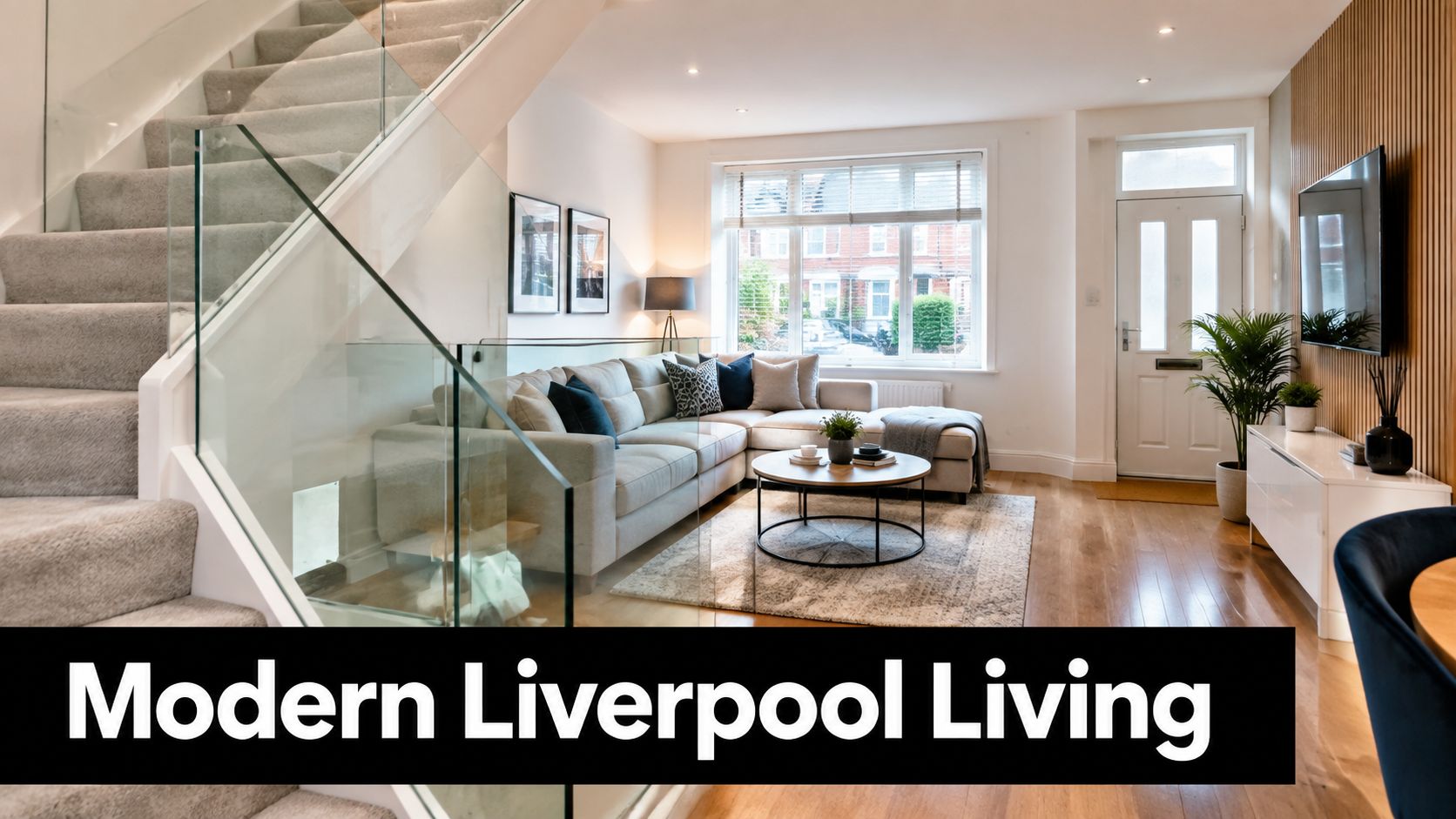 A bright, modern living room featuring grey sofa, glass balustrades, and wood flooring in a Liverpool home.