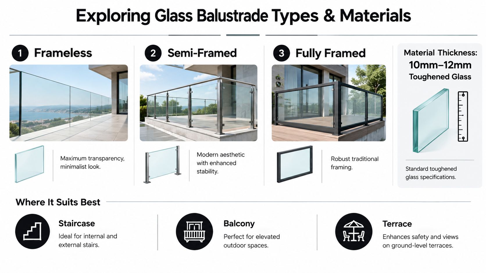 An infographic showing glass balustrade types including frameless, semi-framed, and fully framed options with material specifications.