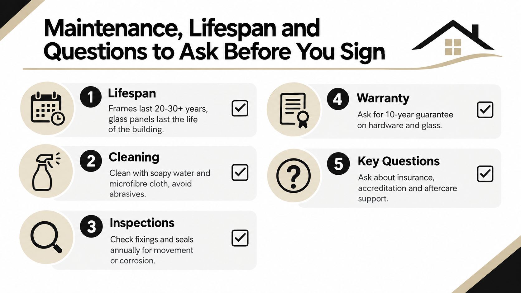 An infographic titled Maintenance, Lifespan and Questions to Ask Before You Sign regarding glass installations.