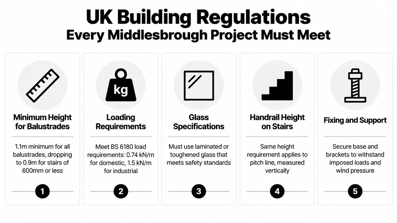 A list of five essential UK building regulation requirements for installing glass balustrades in Middlesbrough projects.