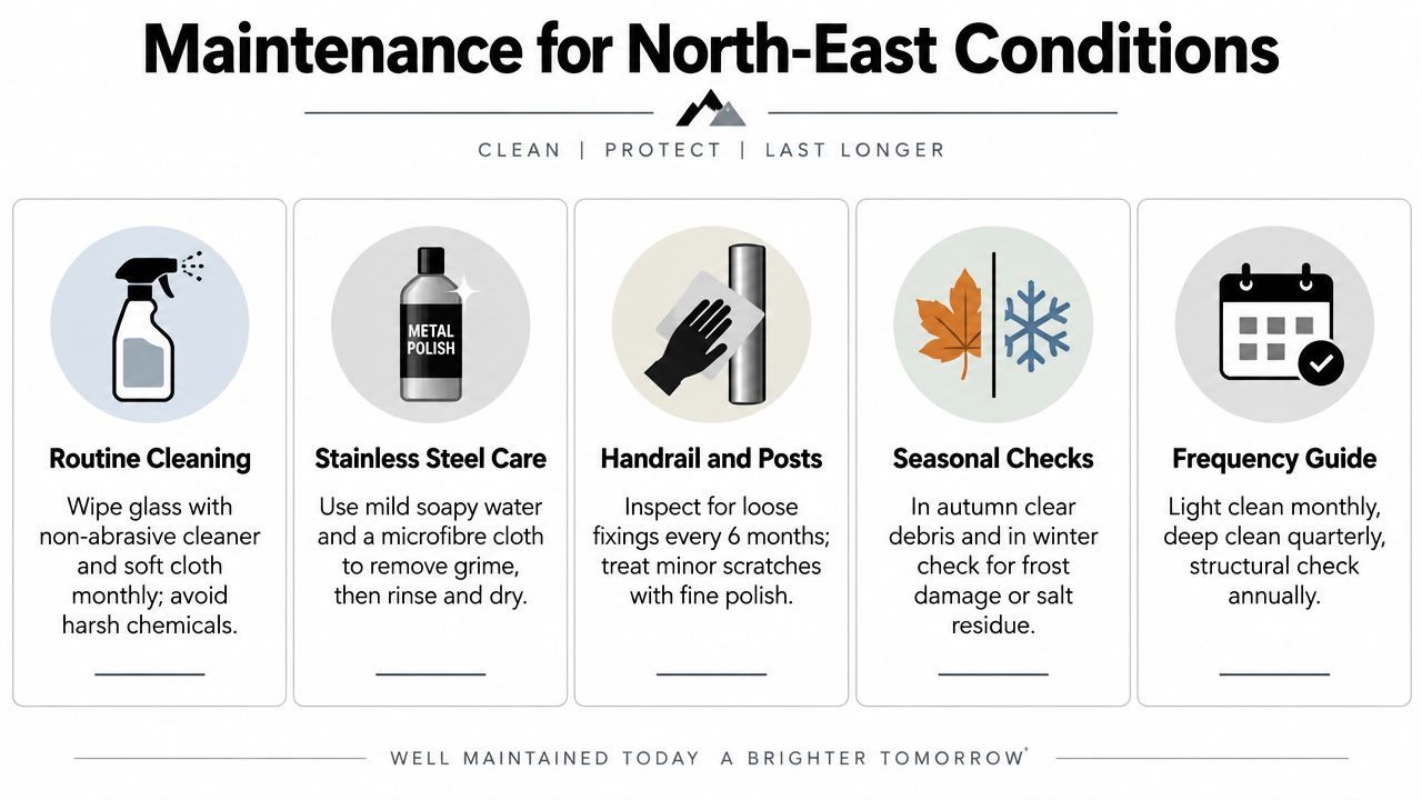 A maintenance guide infographic for glass balustrades in North-East conditions featuring cleaning and inspection steps.