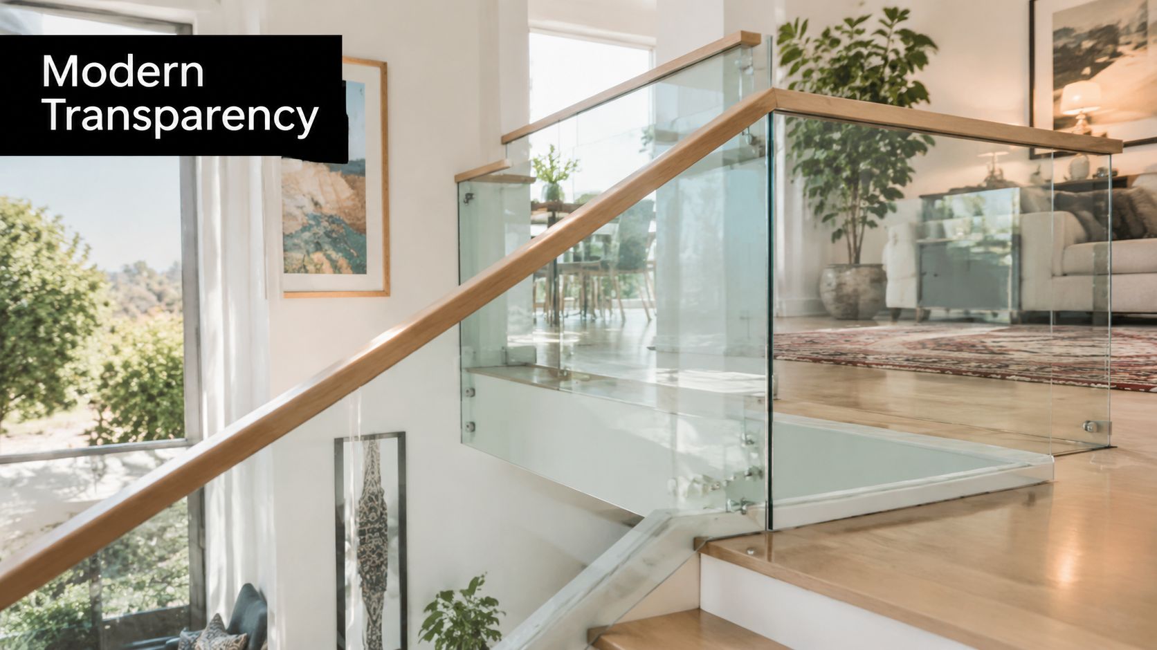 A modern staircase featuring a clear glass balustrade with a wooden handrail inside a brightly lit home.