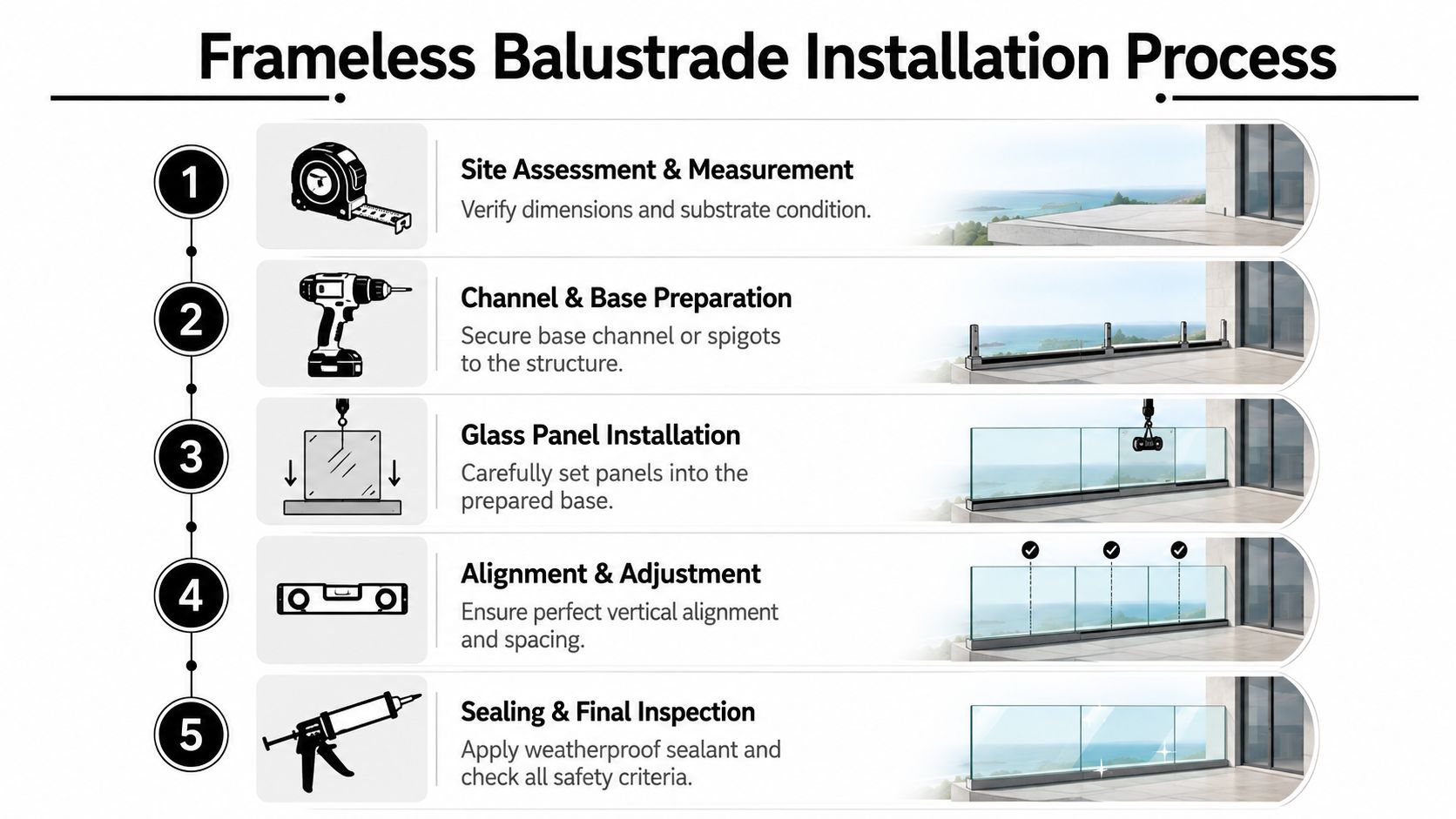 A five-step infographic showing the professional installation process of frameless glass balustrades on a residential balcony.