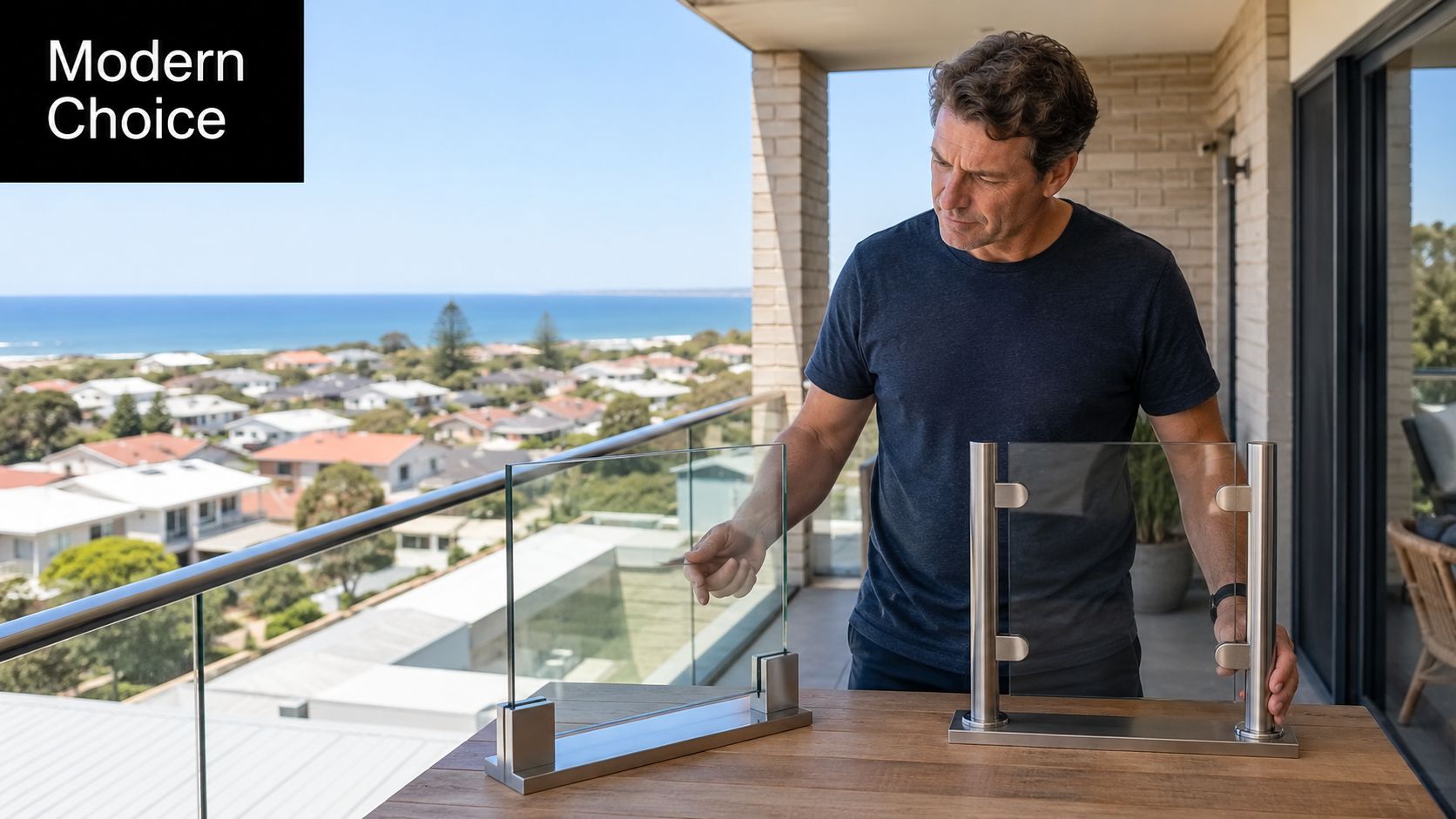 A man demonstrating two types of stainless steel and glass balustrade samples on a balcony overlooking the sea.