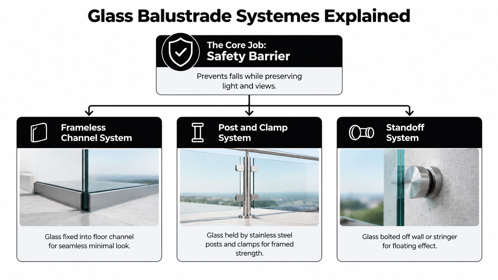 An infographic detailing the three main types of glass balustrade systems: frameless channel, post and clamp, and standoff.