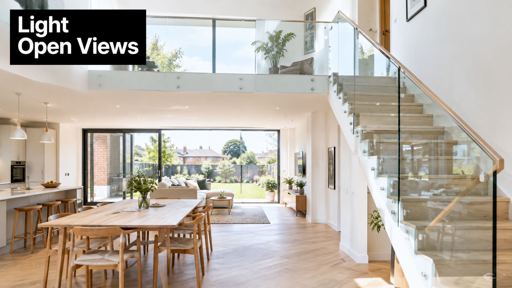 A modern open-plan living area featuring a wooden dining table, contemporary kitchen, and elegant glass balustrades.